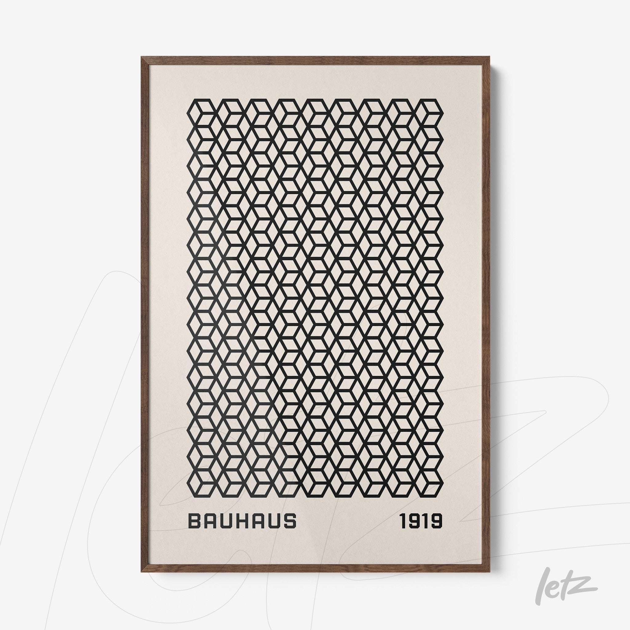 poster print of black geometric pattern with text 'bauhaus 1919' in a wooden frame
