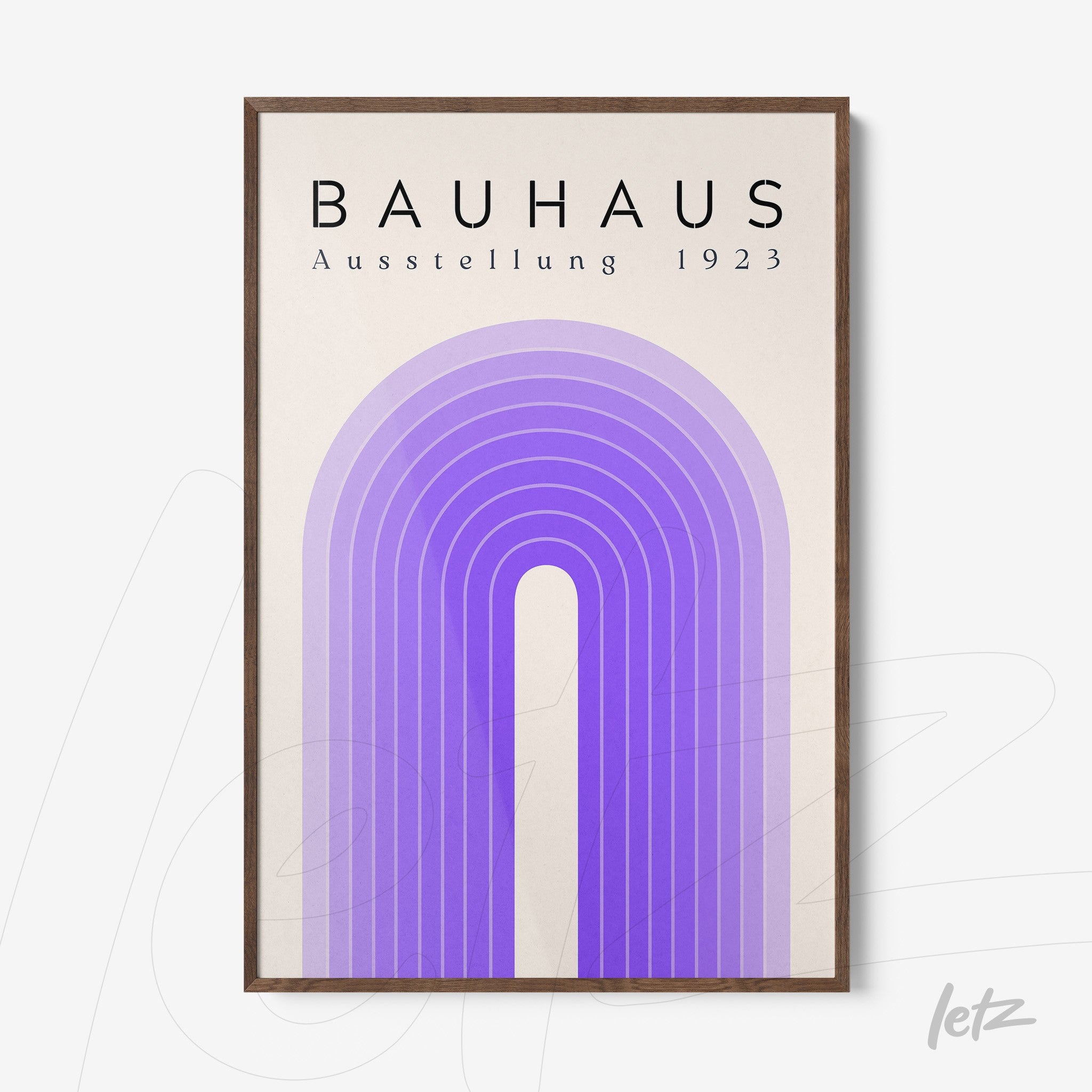poster print featuring bauhaus style design with vertical purple arches in a dark wood frame