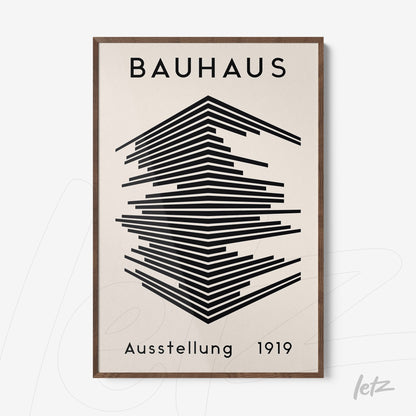 poster featuring geometric Bauhaus movement art in a dark wood frame