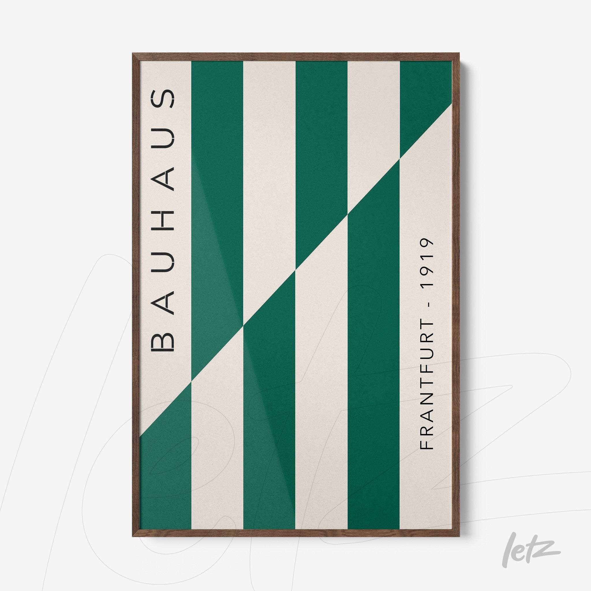 Bauhaus style geometric print with green stripes and side text in dark frame