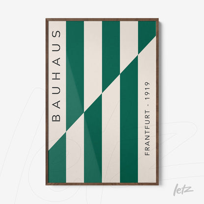 Bauhaus style geometric print with green stripes and side text in dark frame