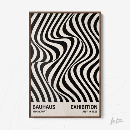 poster print of black and white geometric art with wooden frame, featuring fluid and curved lines
