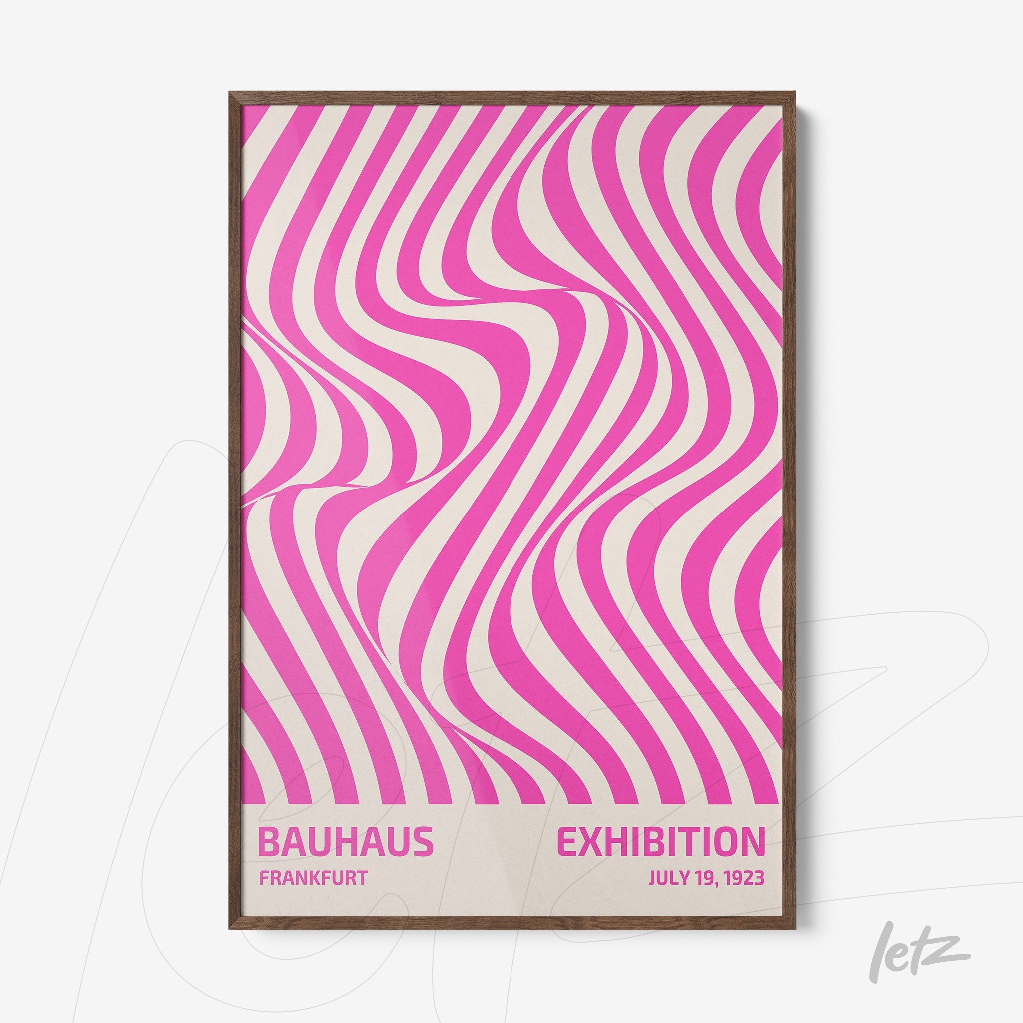poster print with vibrant pink wavy pattern over beige background, framed in wood