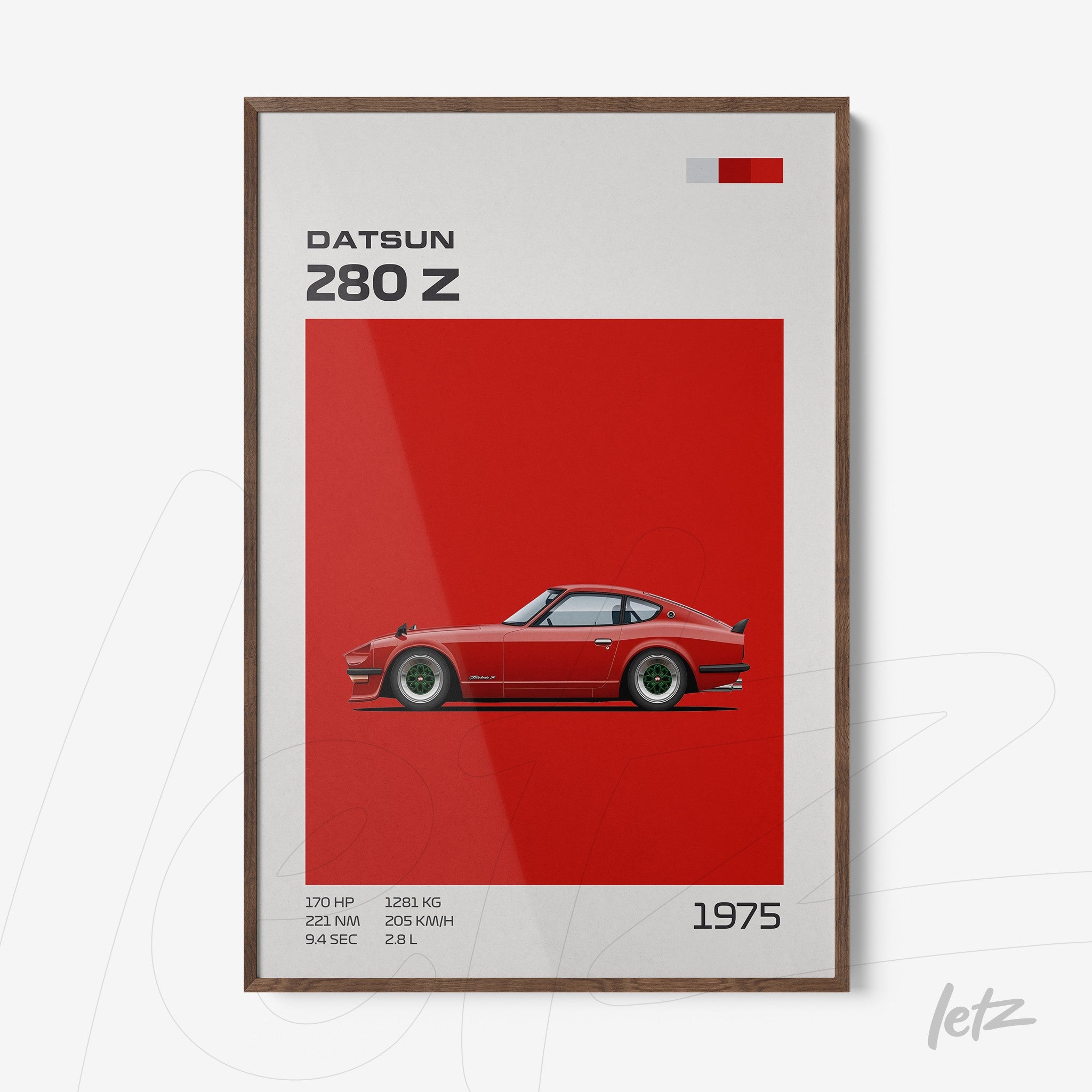 framed digital art of a Datsun 280 Z car over a red background with light wood frame