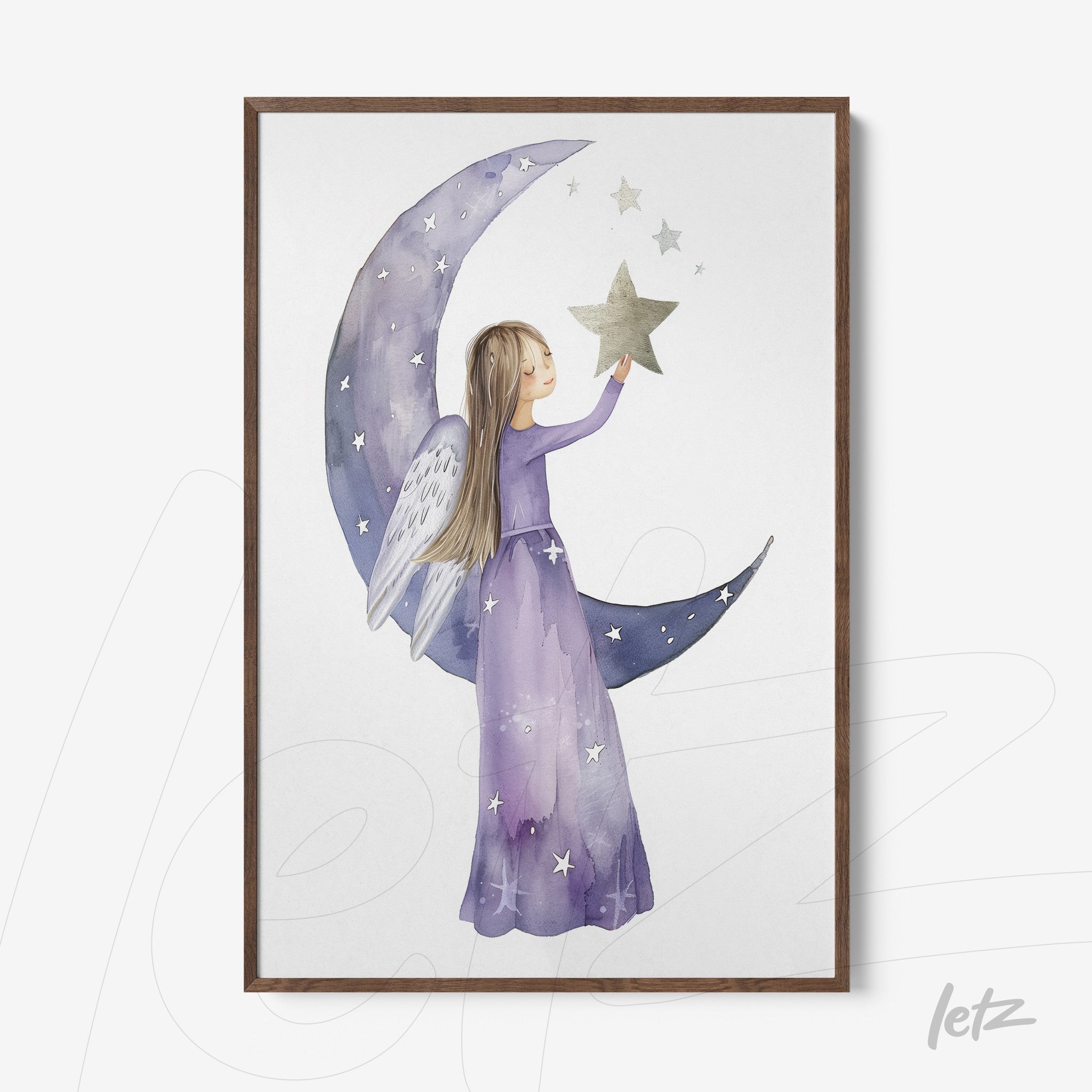 framed artwork of a blonde girl in a purple dress holding a star beside a crescent moon with a light background and star details