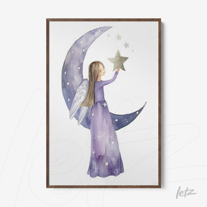 framed artwork of a blonde girl in a purple dress holding a star beside a crescent moon with a light background and star details