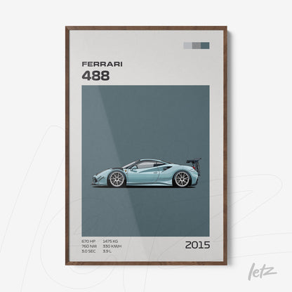 framed wall art featuring a minimalist illustration of a Ferrari 488 sports car with dark wooden frame