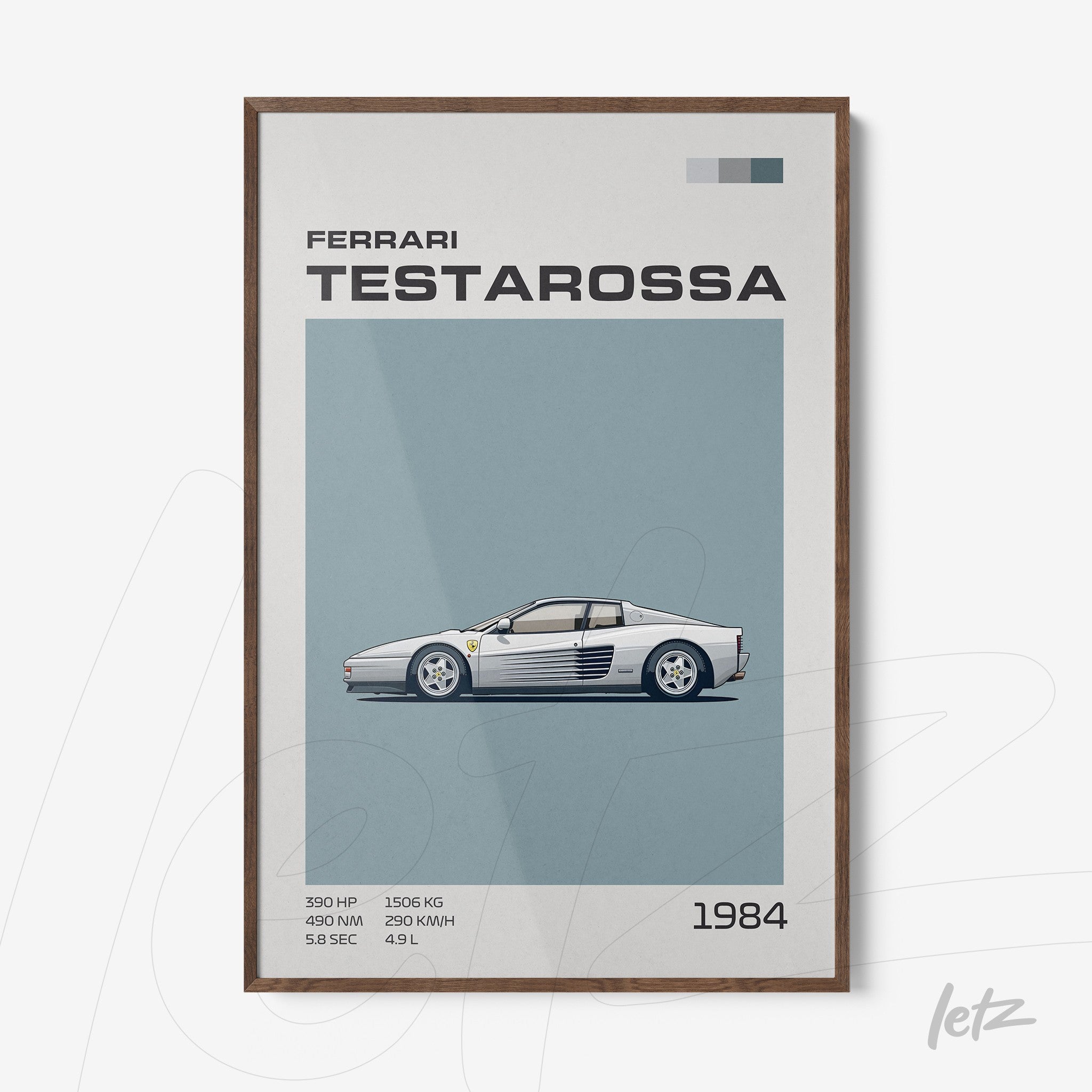 framed artwork featuring a ferrari testarossa illustration on light blue background