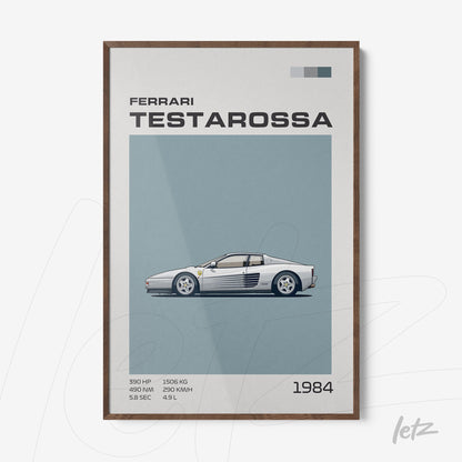 framed artwork featuring a ferrari testarossa illustration on light blue background