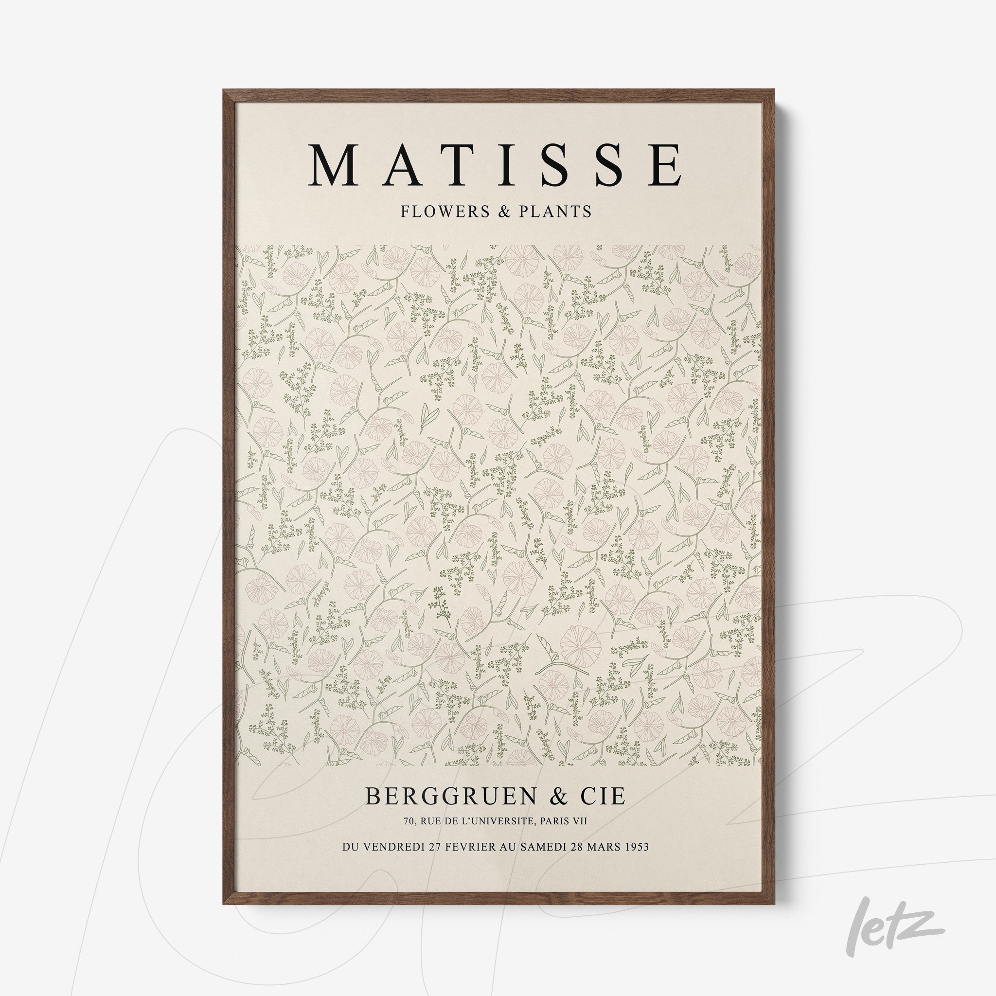 framed wall art featuring a light background with pastel-colored flowers and plants with a light brown frame