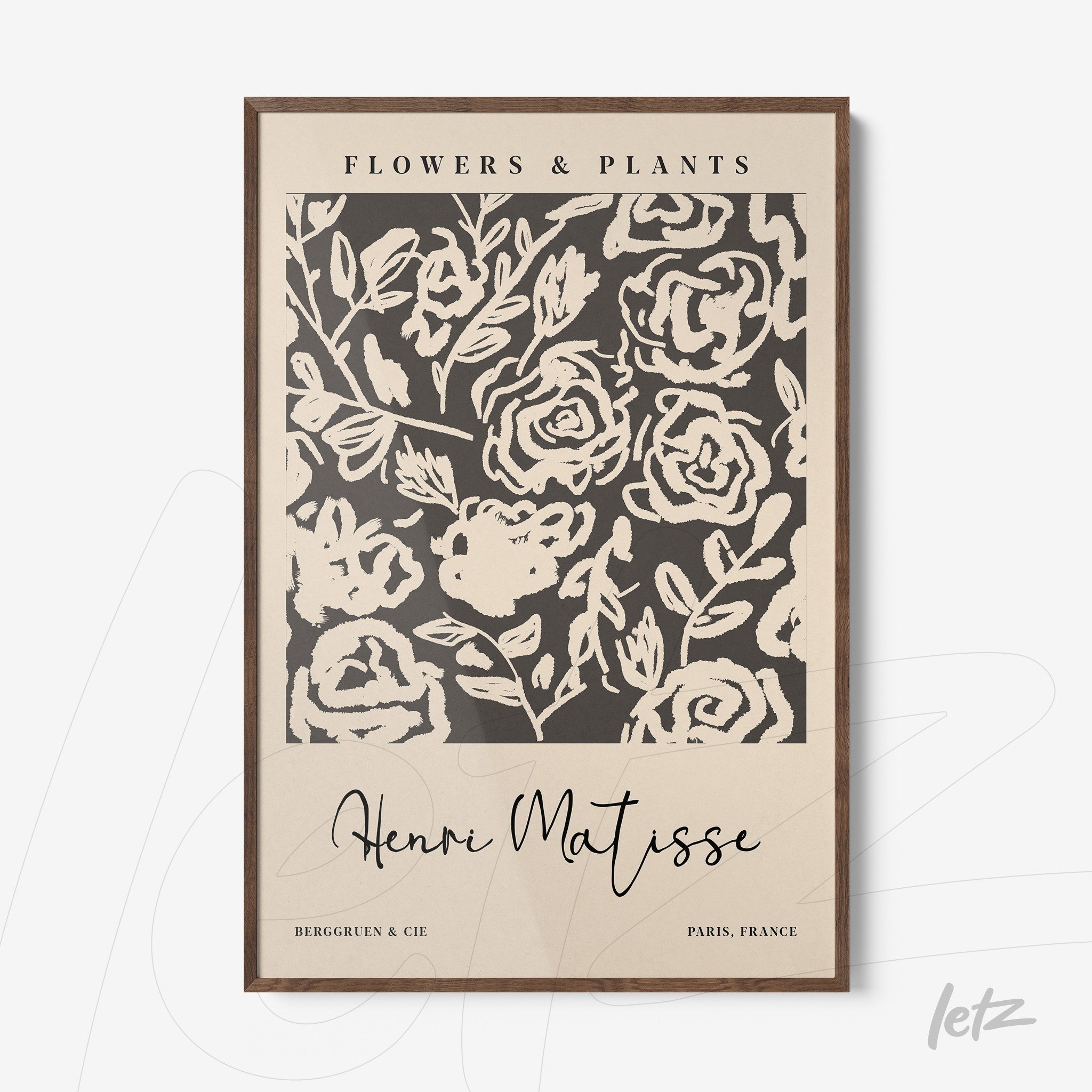 framed wall art featuring abstract floral design with black and white roses on light background and dark wood frame
