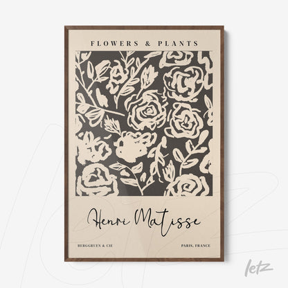 framed wall art featuring abstract floral design with black and white roses on light background and dark wood frame