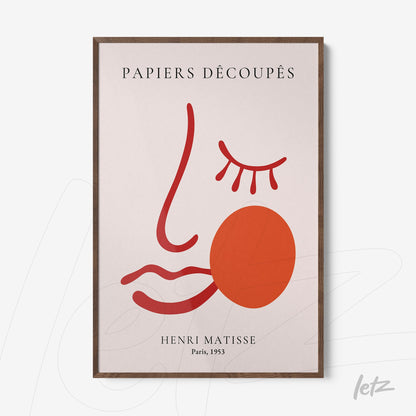 decorative wall art featuring abstract line artwork in red and orange tones, dark wooden frame with the title 'PAPIERS DÉCOUPÉS' and text 'HENRI MATISSE, Paris, 1953'