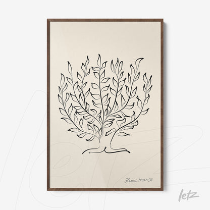 framed artwork featuring a minimalist drawing of leaves in black line against a light background with dark wood frame