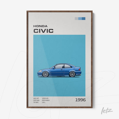 framed artwork featuring a 1996 Honda Civic illustration on a blue background with wooden frame