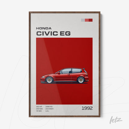 framed artwork depicting a 1992 Honda Civic EG in a vibrant red background with a dark wood frame