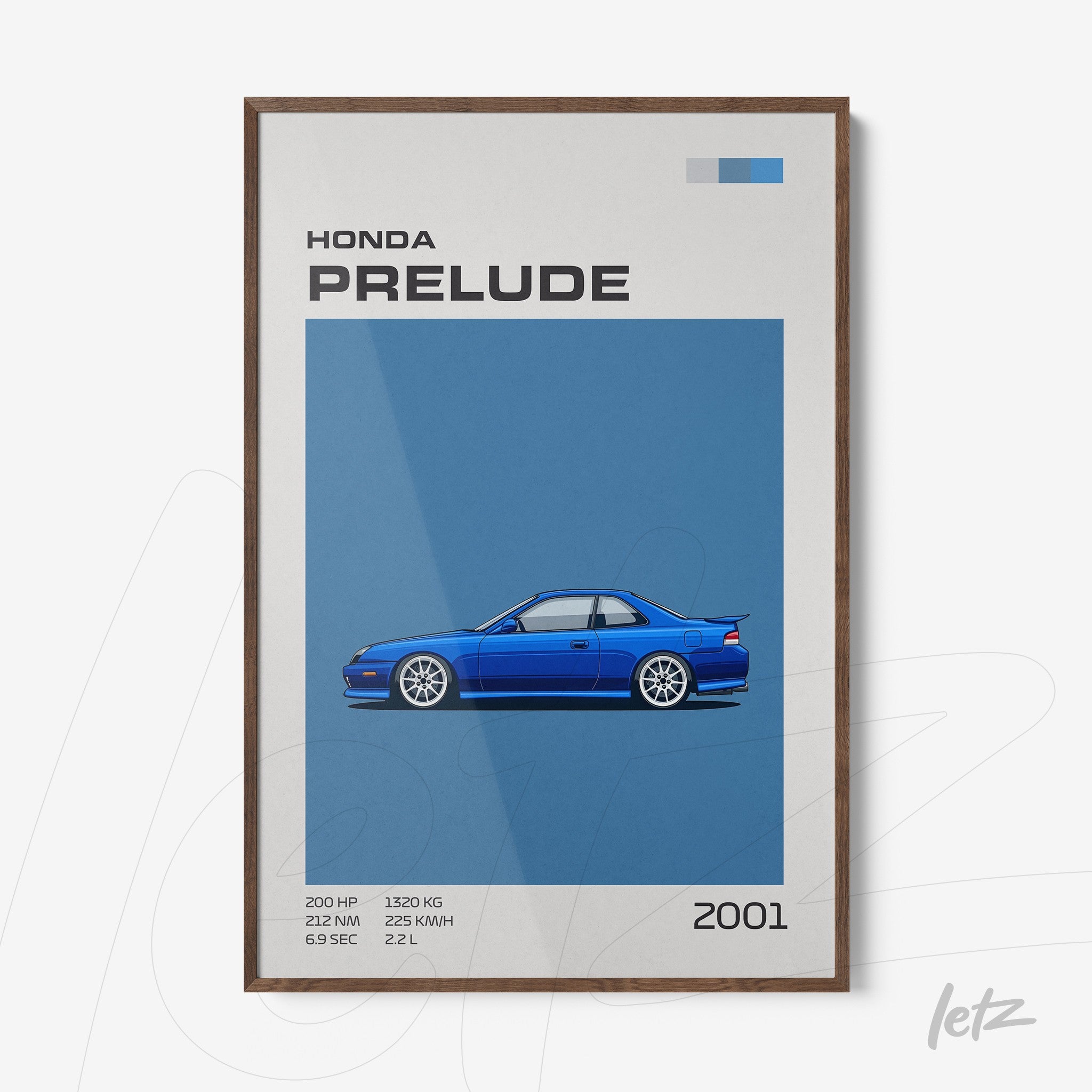 framed artwork featuring a blue 2001 Honda Prelude sports car on a blue background with dark wood frame