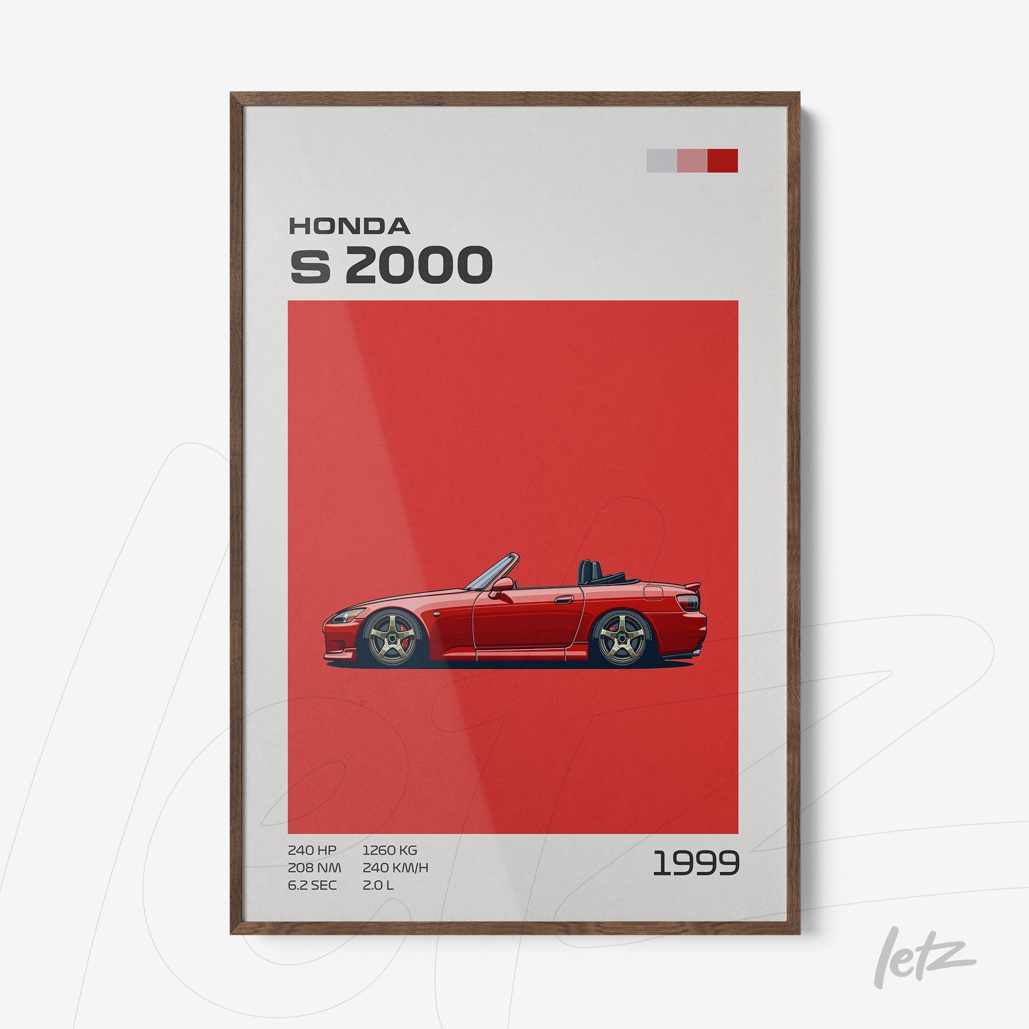 framed art featuring a red Honda S2000 car illustration on a bright red background with a dark wood frame