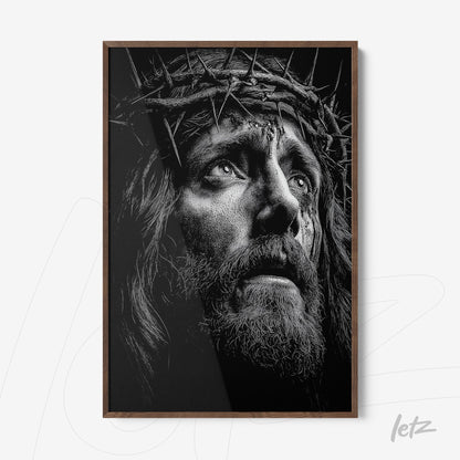 black and white framed wall art of a religious portrait featuring detailed thorn crown with dark wood frame