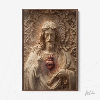 religious wall art featuring a carved sculpture of Christ with a sacred heart in dark brown frame