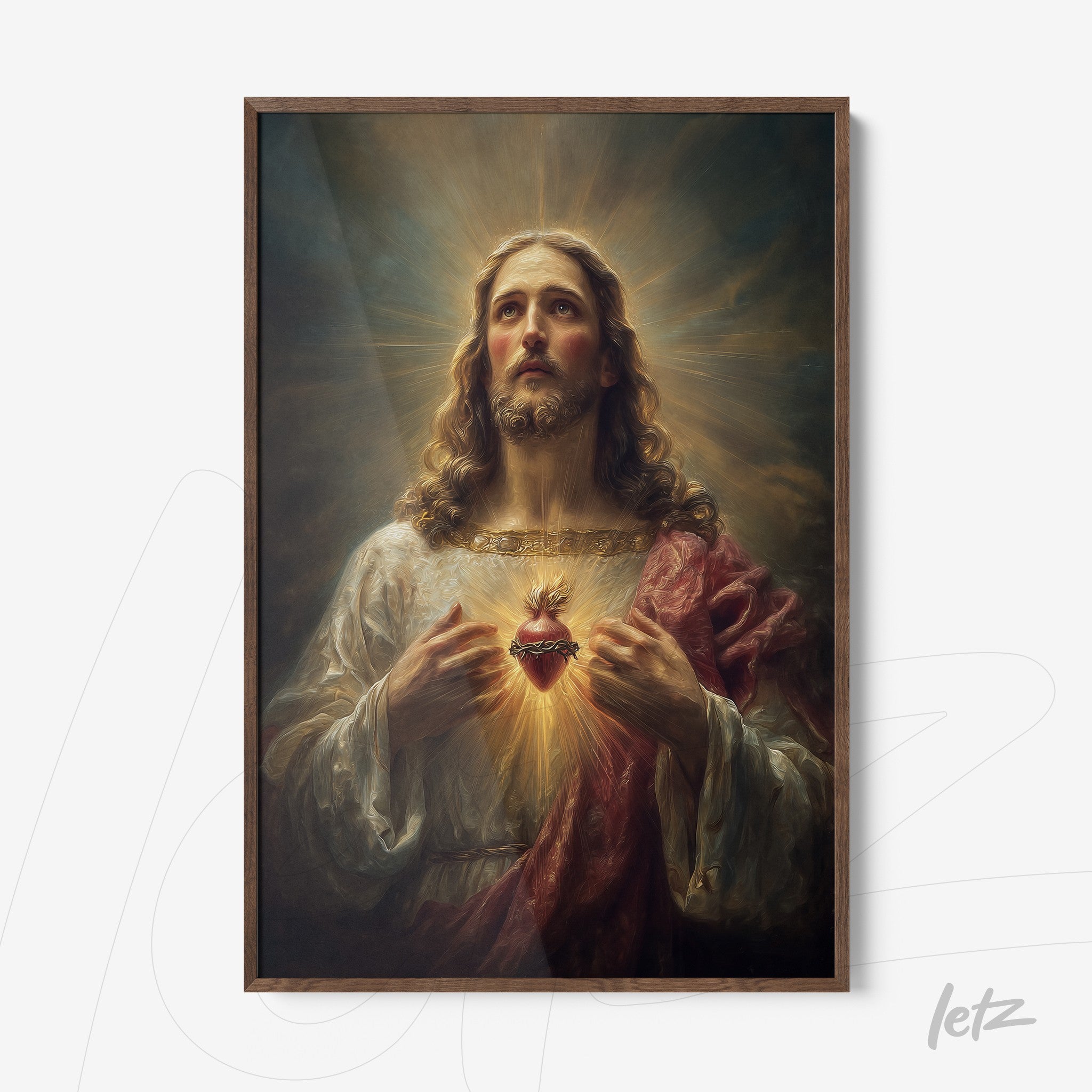 framed religious art of jesus revealing his heart with dark wooden frame