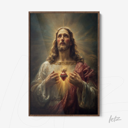 framed religious art of jesus revealing his heart with dark wooden frame