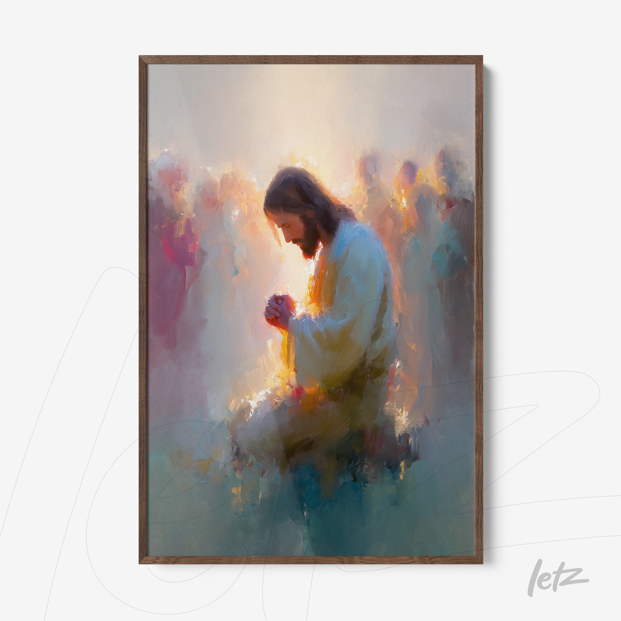 ethereal digital art of jesus in prayer surrounded by blurred figures in soft colors