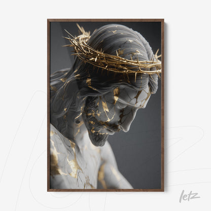 digital art piece featuring a marble sculpture of Christ with a thorn crown, highlighted with golden details and dark wood frame