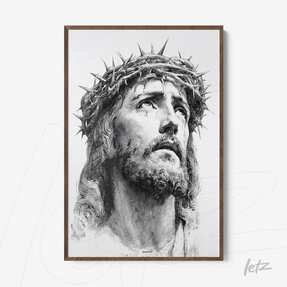 framed wall art showcasing a black and white portrait of Jesus Christ wearing a crown of thorns