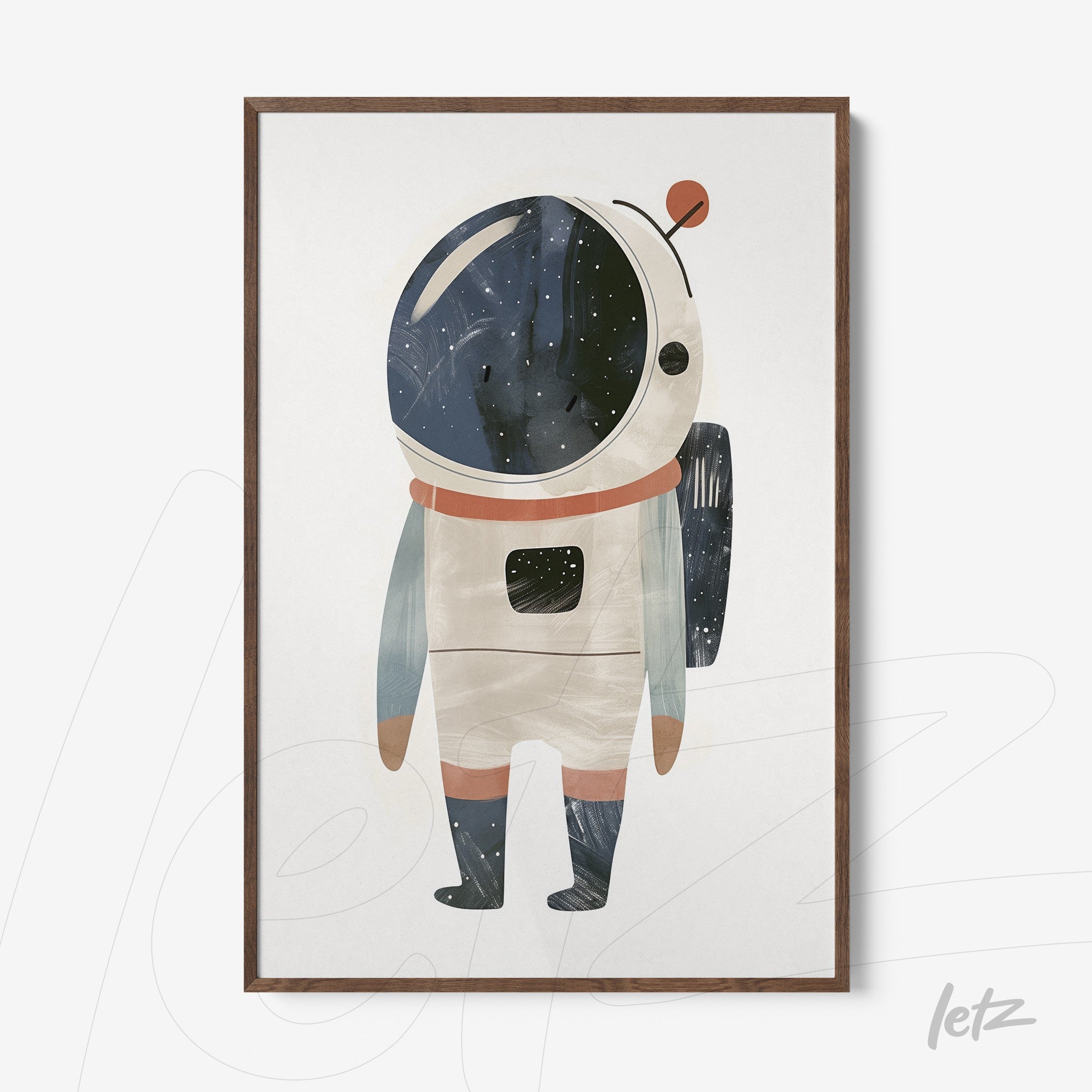 framed wall art featuring a whimsical astronaut illustration against a starry background
