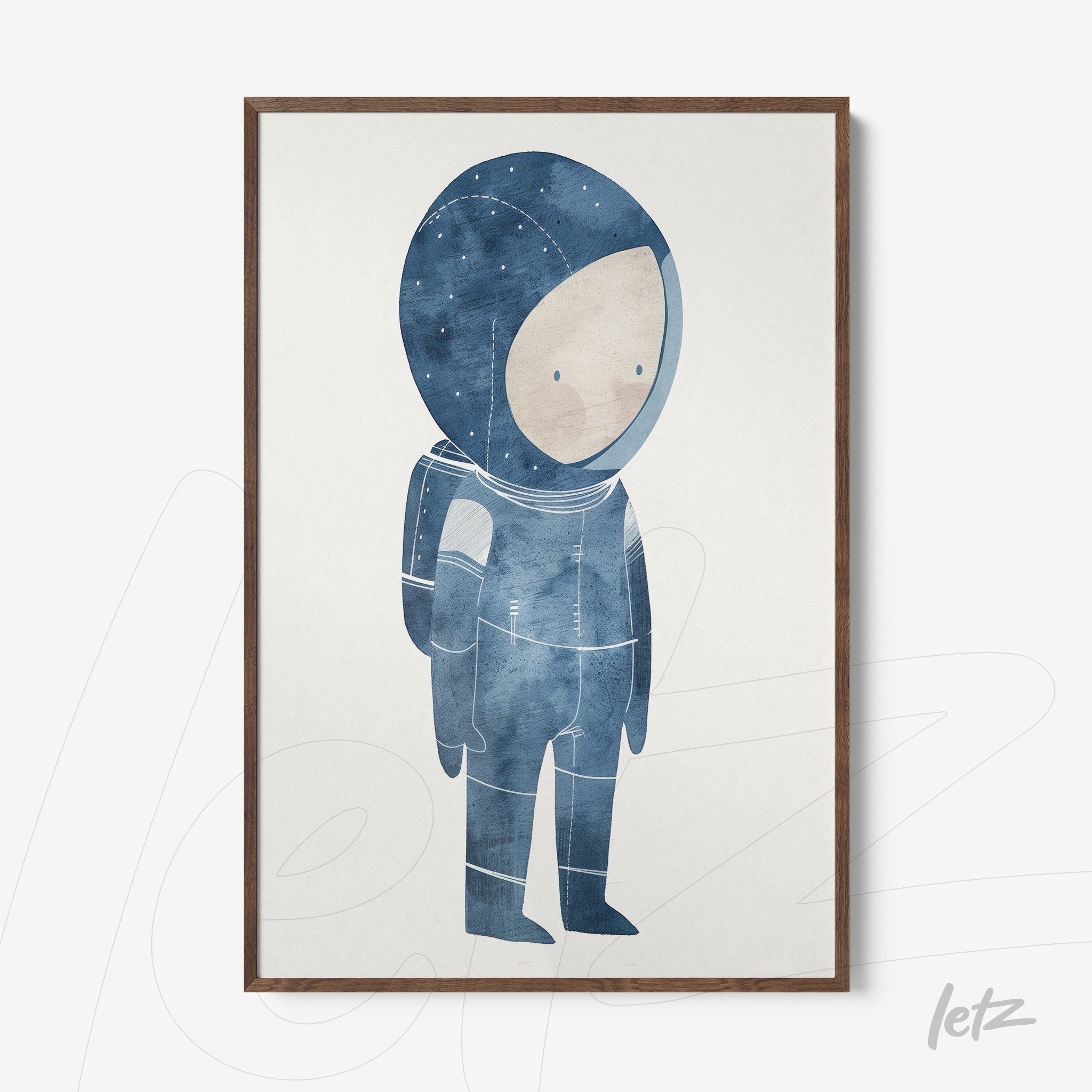 framed artwork of an astronaut in blue tones with dark wooden frame