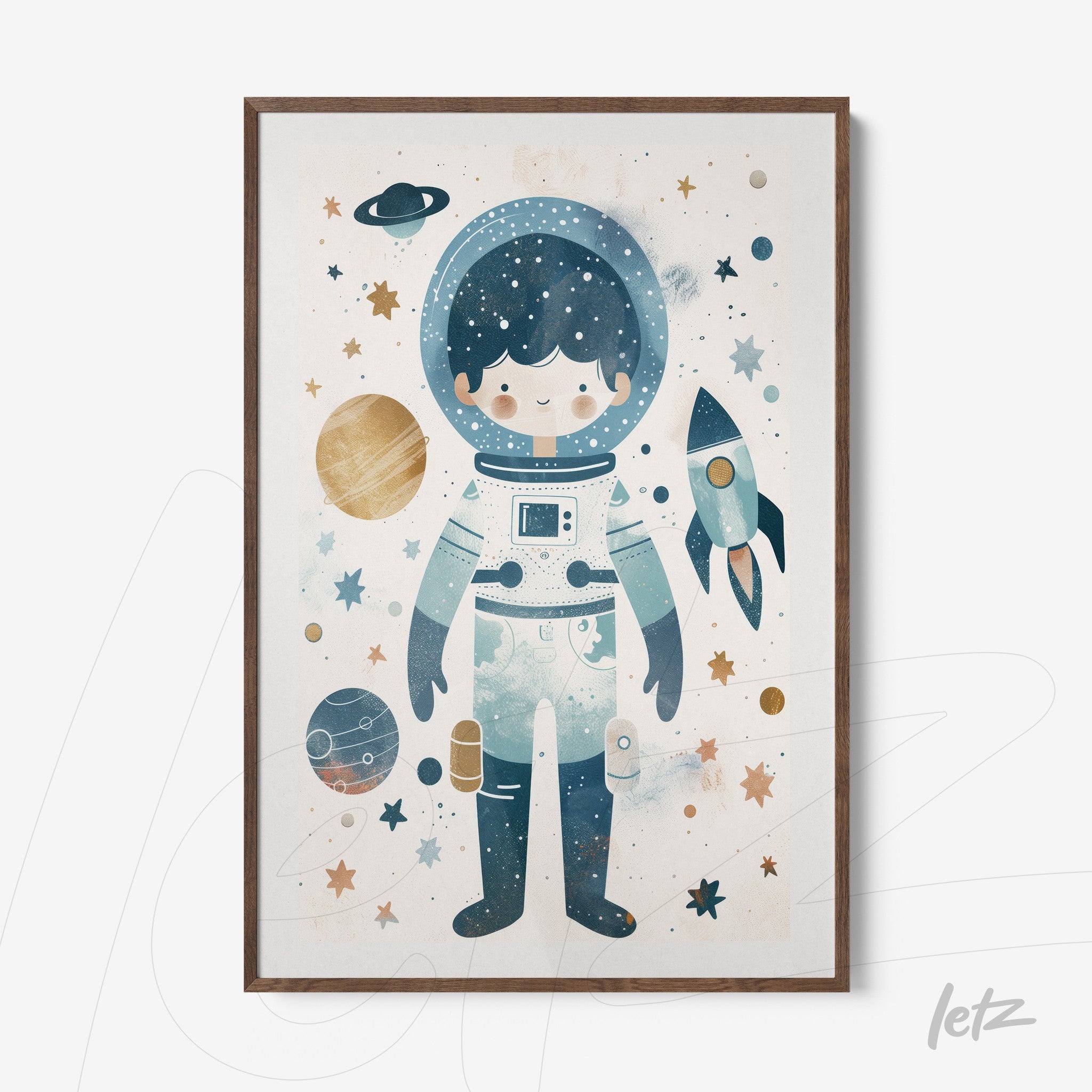 framed artwork of a child astronaut surrounded by planets and stars with light wood frame