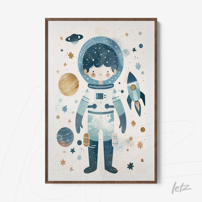 framed artwork of a child astronaut surrounded by planets and stars with light wood frame
