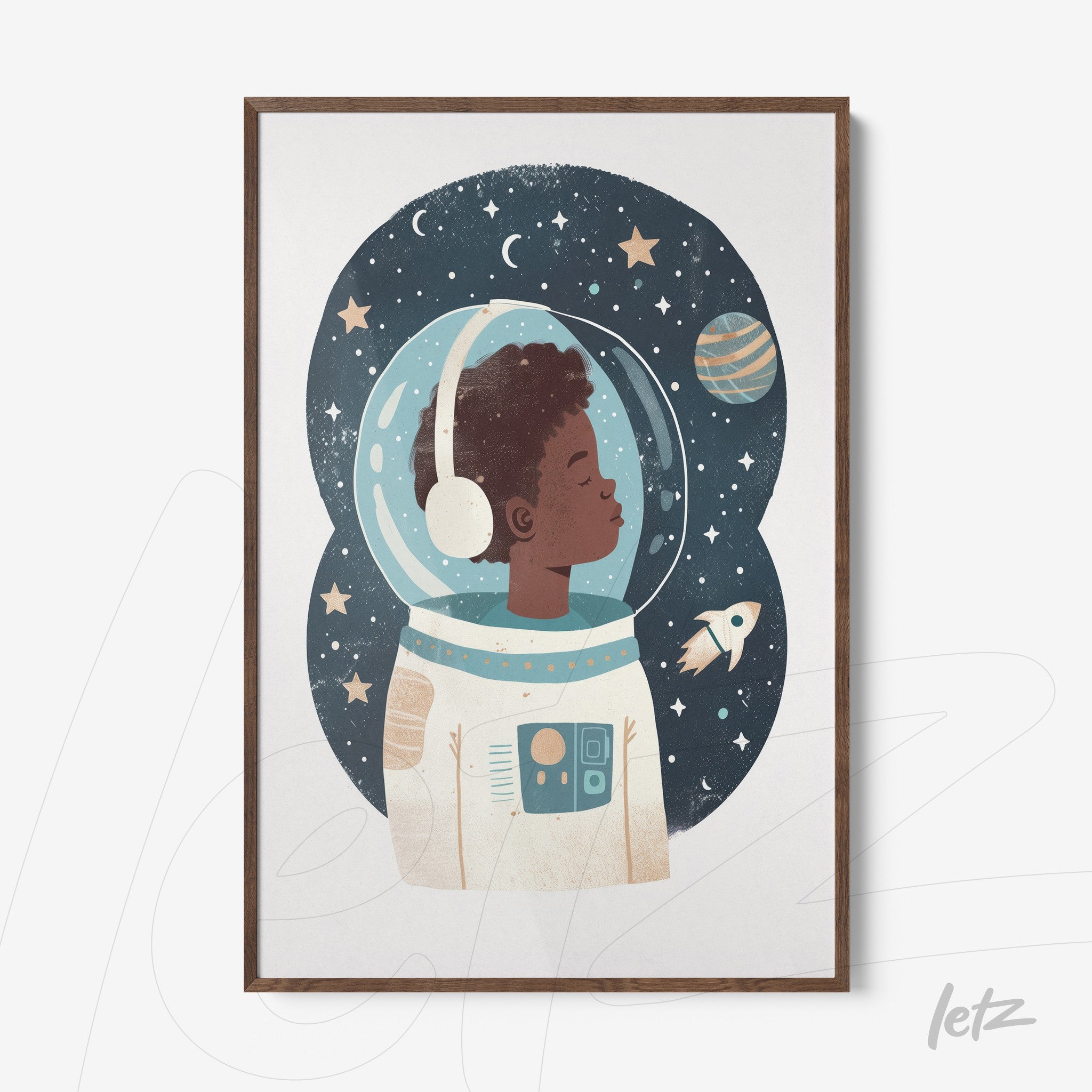 framed artwork of a young astronaut boy in a starry background with dark wood frame