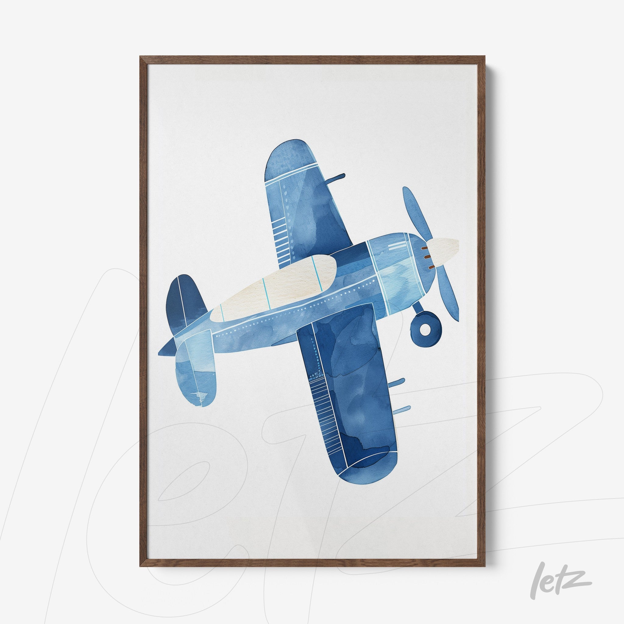 framed wall art featuring a blue watercolor illustration of an airplane with dark wood frame