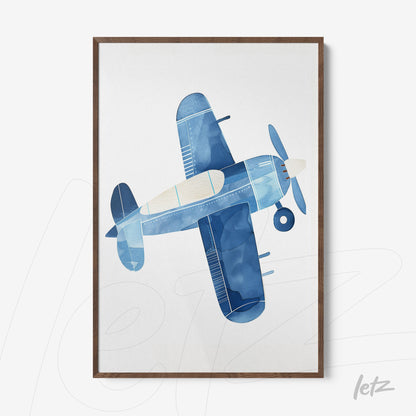 framed wall art featuring a blue watercolor illustration of an airplane with dark wood frame