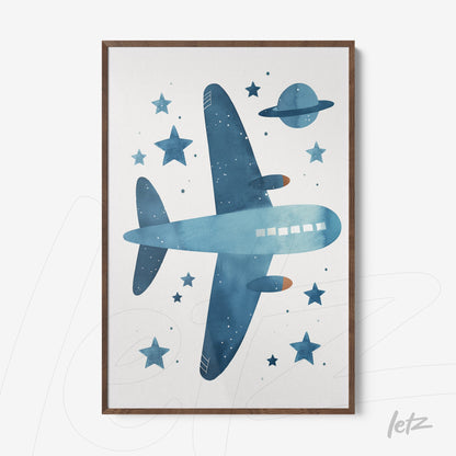 framed wall art featuring a blue airplane illustration against a backdrop of stars and a planet