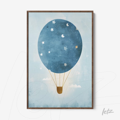 framed wall art featuring a blue hot air balloon in a starry sky with dark wood frame