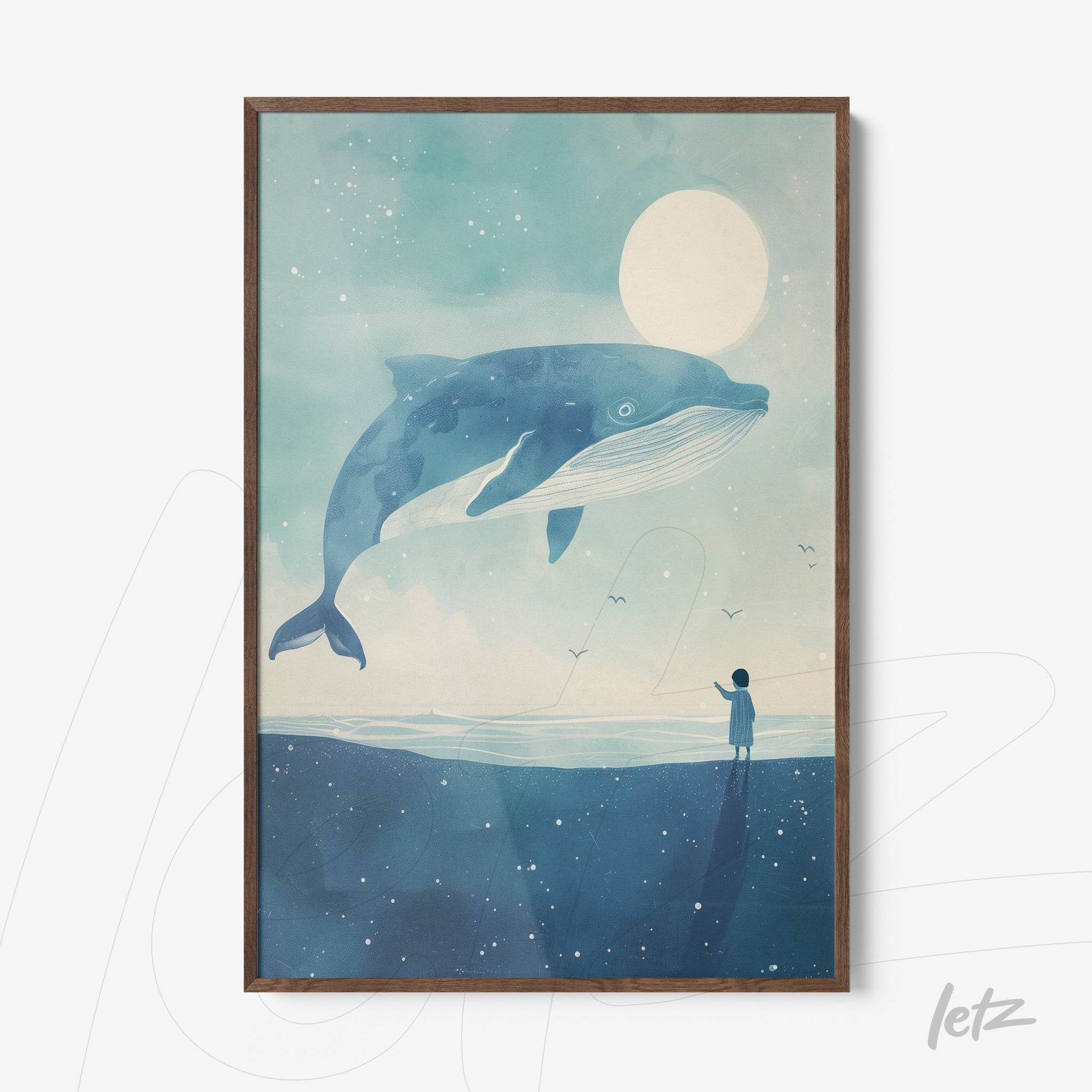 framed artwork of a giant blue whale under moonlight with a human figure observing from the ground in shades of blue