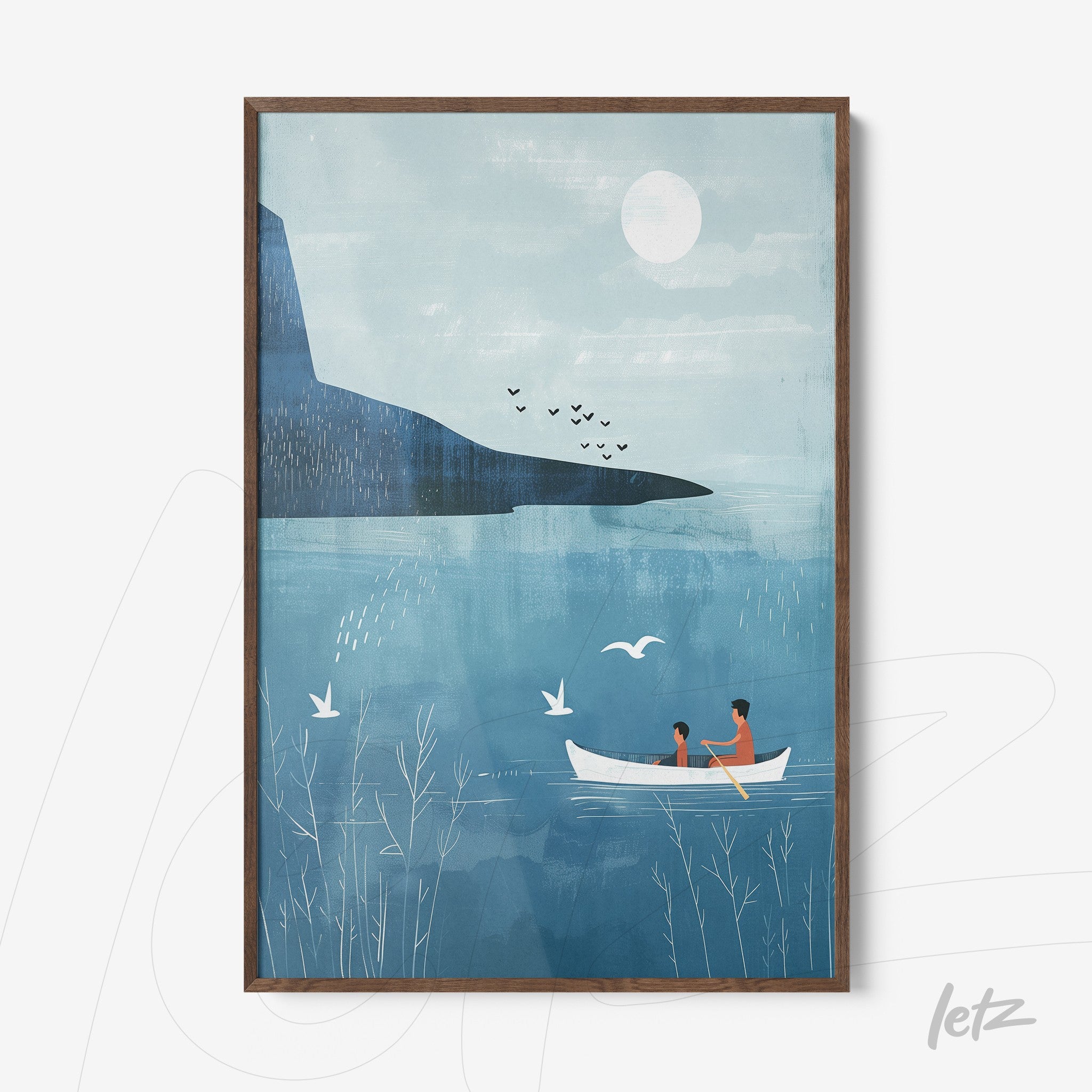 framed artwork depicting two people in a boat on a calm lake surrounded by mountains and a blue sky with sun
