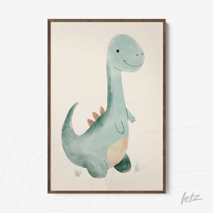 framed artwork of a cute dinosaur in soft colors with a dark wooden frame