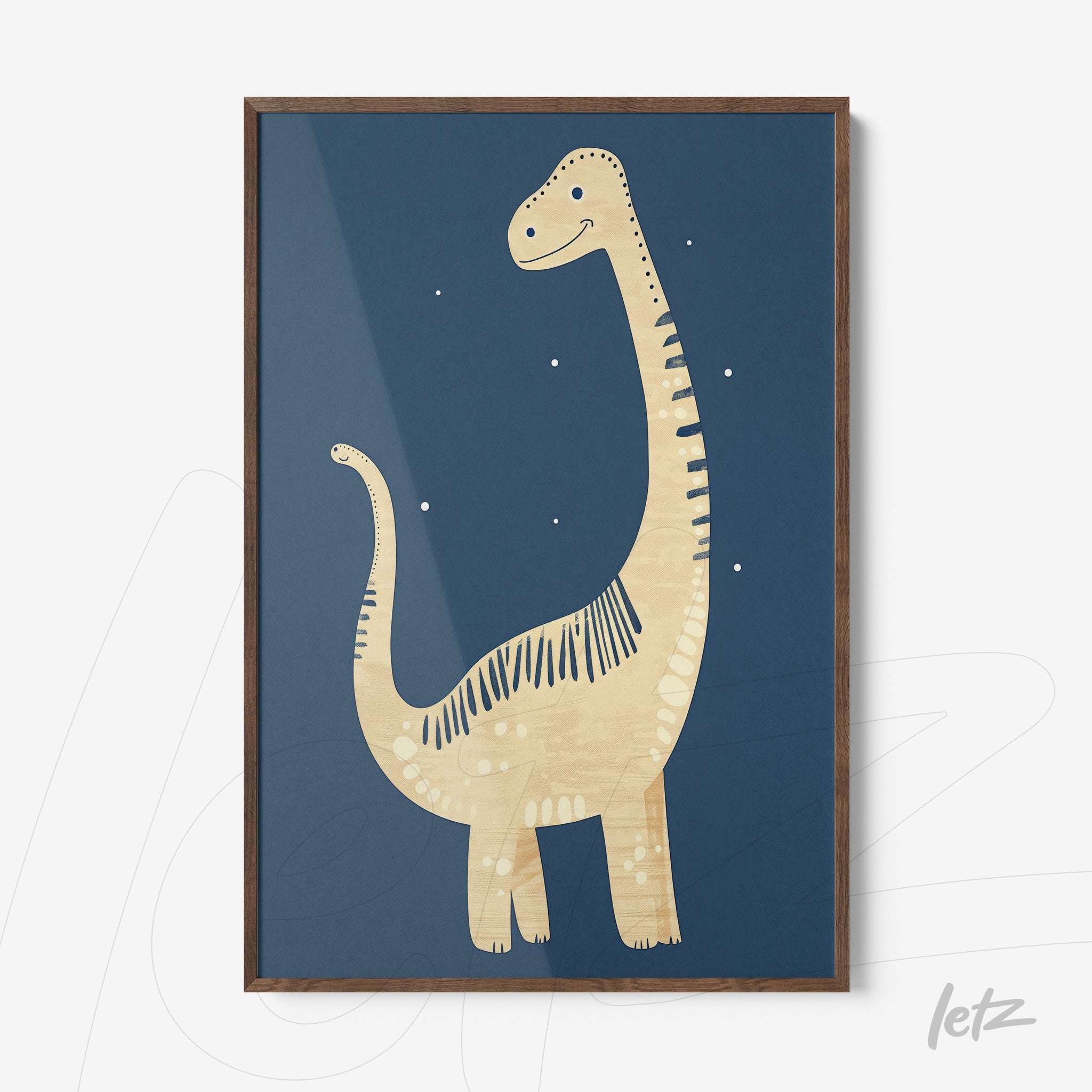 framed artwork featuring a yellow dinosaur illustration on dark blue background with light wooden frame