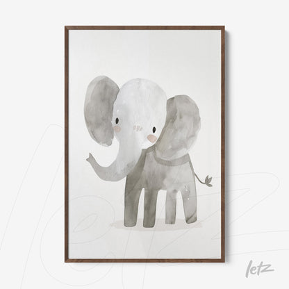 framed watercolor art of an elephant with dark wood frame