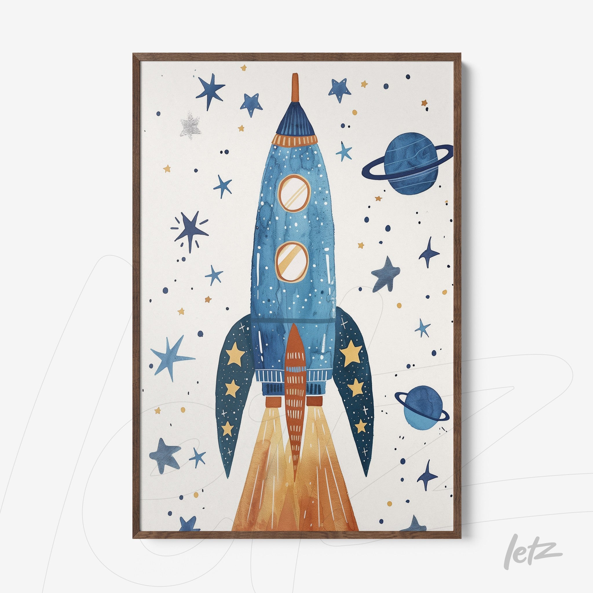 framed artwork featuring a blue rocket with golden accents and planets on a light background