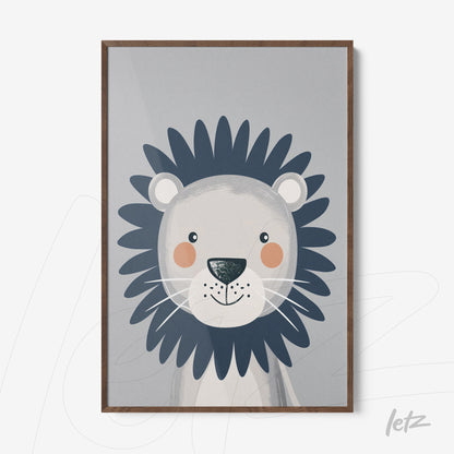 framed artwork featuring a friendly lion illustration on gray background with dark wood frame