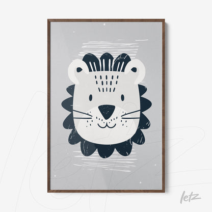 framed artwork featuring a playful stylized lion on gray background with dark wooden frame