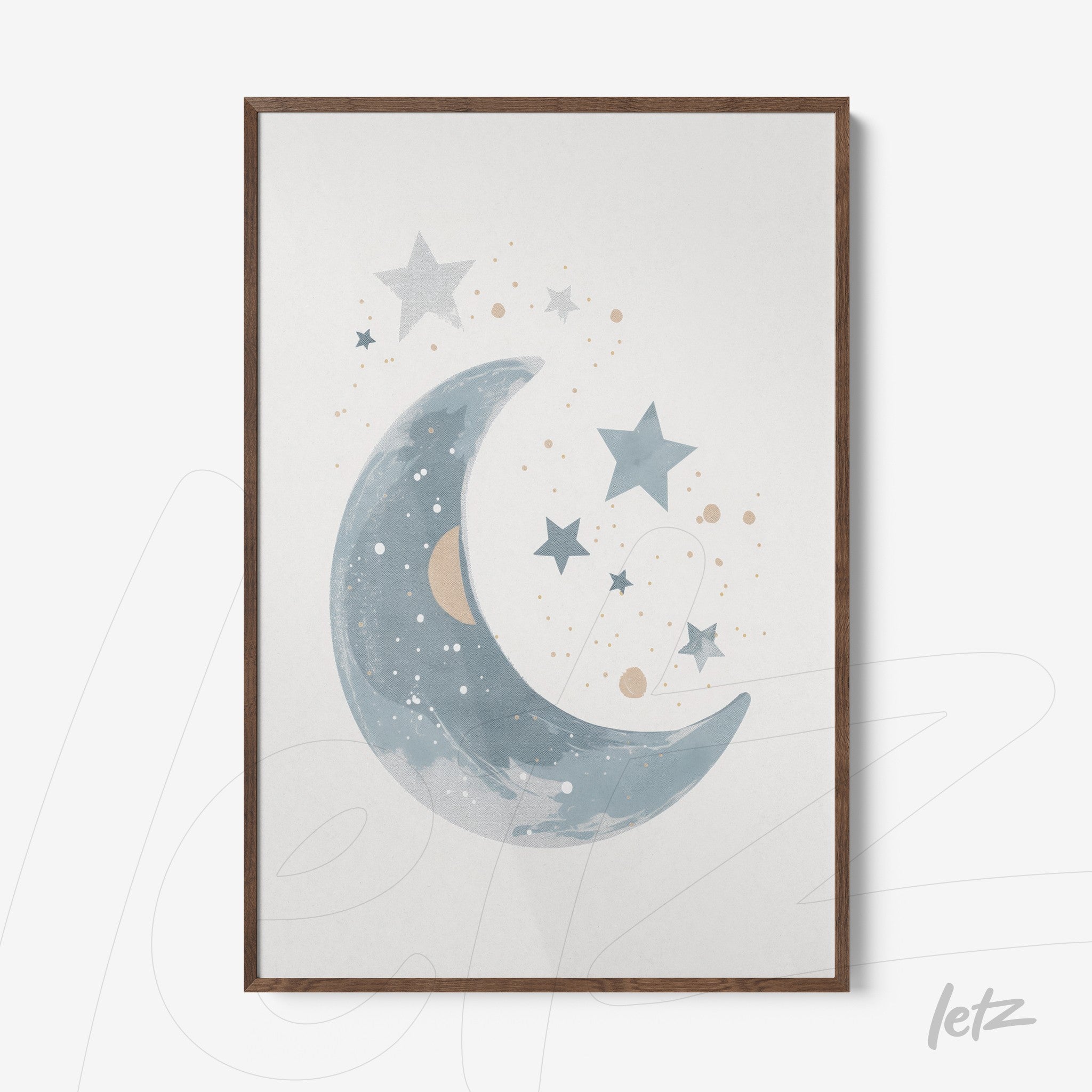 framed artwork featuring a stylized moon in shades of blue and scattered stars on a light background with a dark wood frame