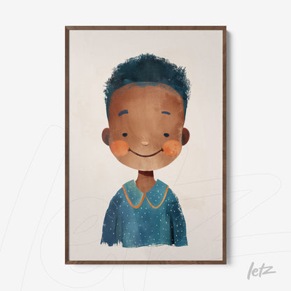 colorful portrait of a smiling boy with black hair and a light blue shirt in a dark wooden frame
