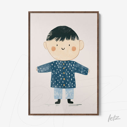 framed wall art featuring a cheerful boy illustration wearing a blue coat and light pants with dark wood frame