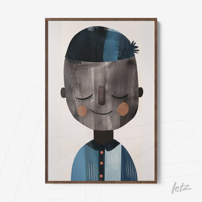 framed artwork featuring a minimalist illustration of a smiling boy with short hair and a blue shirt